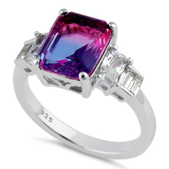 925 STERLING SILVER Bicolor Cubic Zirconia & Baguette Ring Blue & Pink - Picture 16 of 16